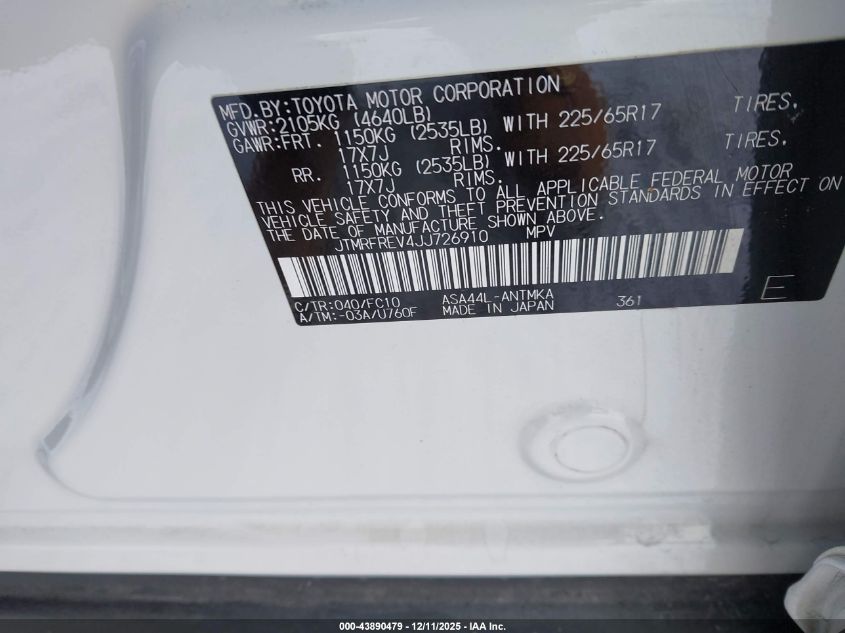 2018 Toyota Rav4 Xle VIN: JTMRFREV4JJ726910 Lot: 43890479