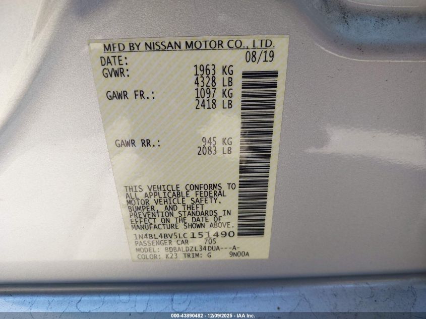 2020 Nissan Altima S Fwd VIN: 1N4BL4BV5LC151490 Lot: 43890482