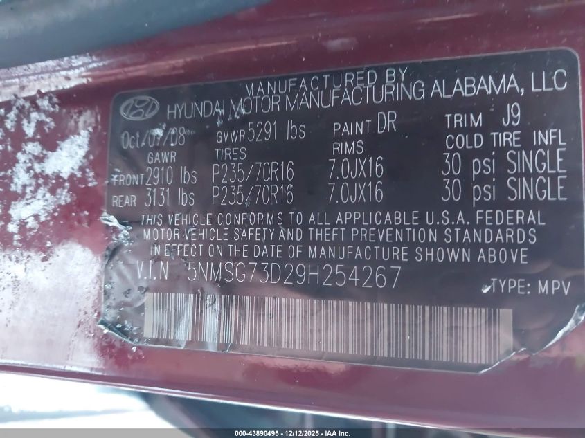 2009 Hyundai Santa Fe Gls VIN: 5NMSG73D29H254267 Lot: 43890495