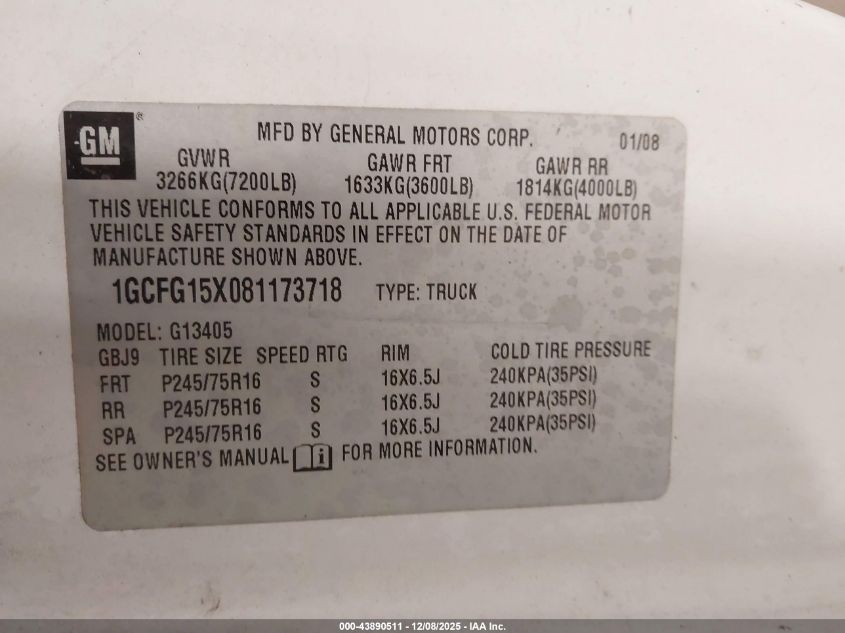 2008 Chevrolet Express Work Van VIN: 1GCFG15X081173718 Lot: 43890511