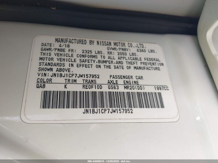 2018 Nissan Rogue Sport Sl VIN: JN1BJ1CP7JW157952 Lot: 43890515