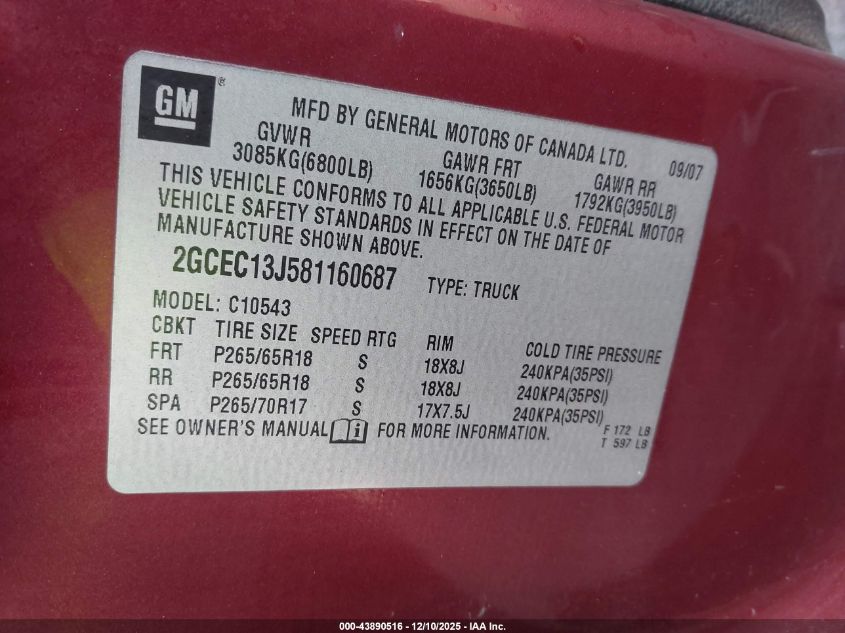 2008 Chevrolet Silverado VIN: 2GCEC13J5H1160687 Lot: 43890516