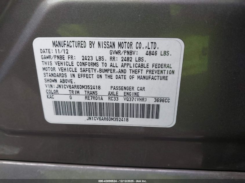 2013 Infiniti G37X VIN: JN1CV6AR6DM352418 Lot: 43890524