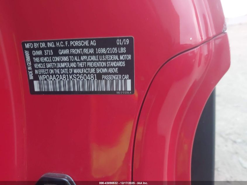 2019 Porsche 718 Cayman VIN: WP0AA2A81KS260481 Lot: 43890532