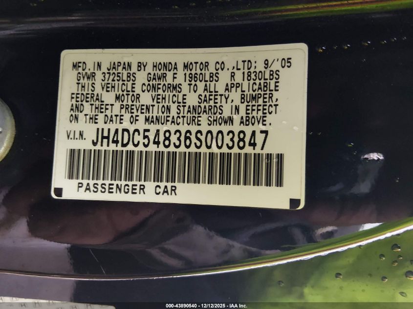 2006 Acura Rsx VIN: JH4DC54836S003847 Lot: 43890540