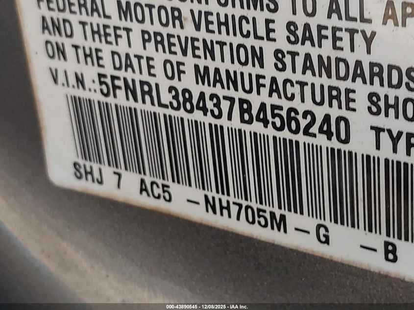 2007 Honda Odyssey Ex VIN: 5FNRL38437B456240 Lot: 43890545