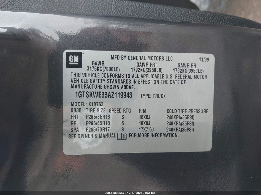 2010 GMC Sierra 1500 Slt VIN: 1GTSKWE33AZ119943 Lot: 43890547