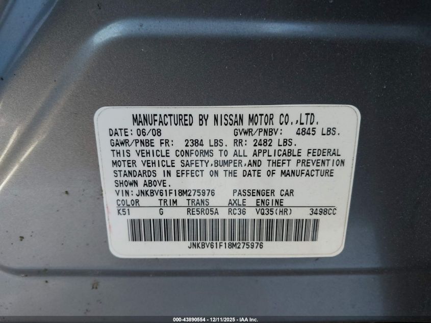 2008 Infiniti G35X VIN: JNKBV61F18M275976 Lot: 43890554