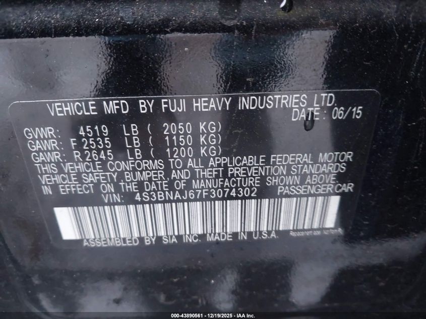 2015 Subaru Legacy 2.5I Limited VIN: 4S3BNAJ67F3074302 Lot: 43890561