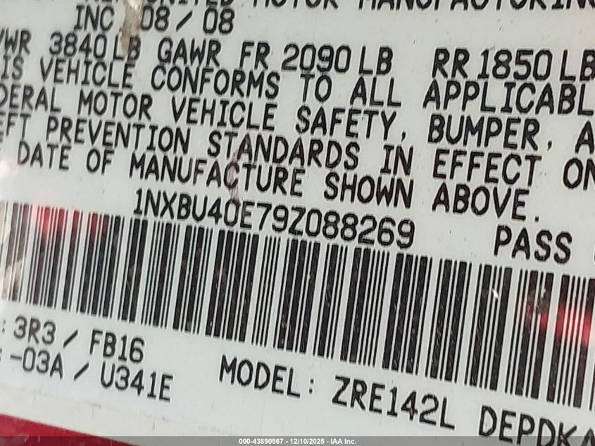 2009 Toyota Corolla Le VIN: 1NXBU40E79Z088269 Lot: 43890567