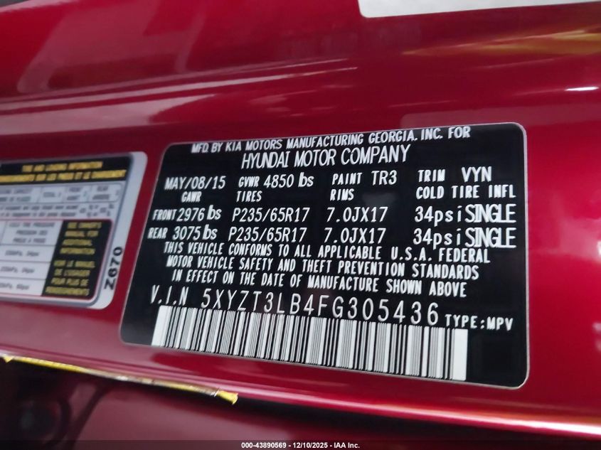 2015 Hyundai Santa Fe Sport 2.4L VIN: 5XYZT3LB4FG305436 Lot: 43890569