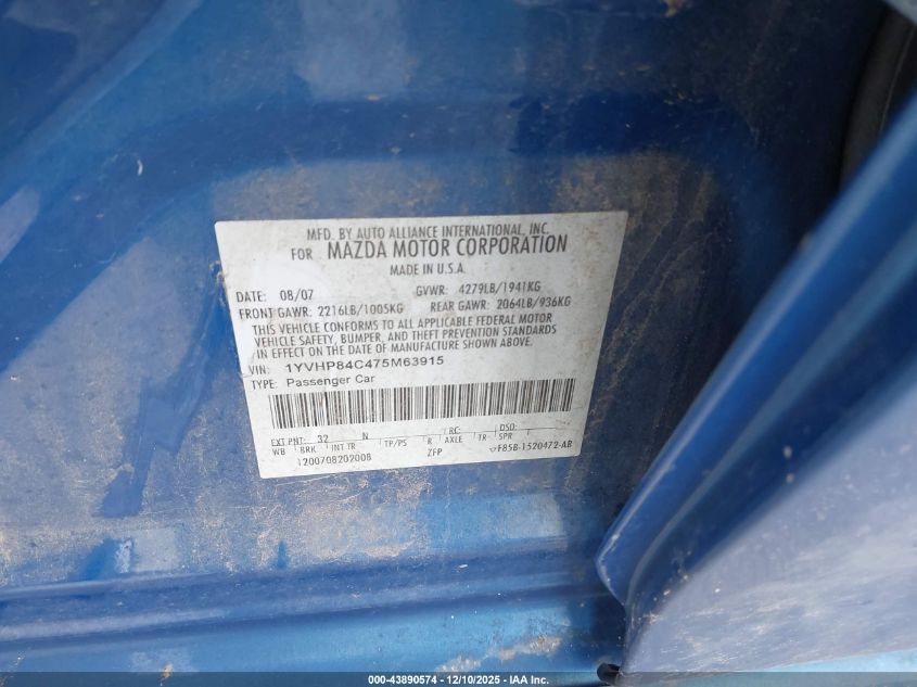 2007 Mazda Mazda6 I Touring VIN: 1YVHP84C475M63915 Lot: 43890574