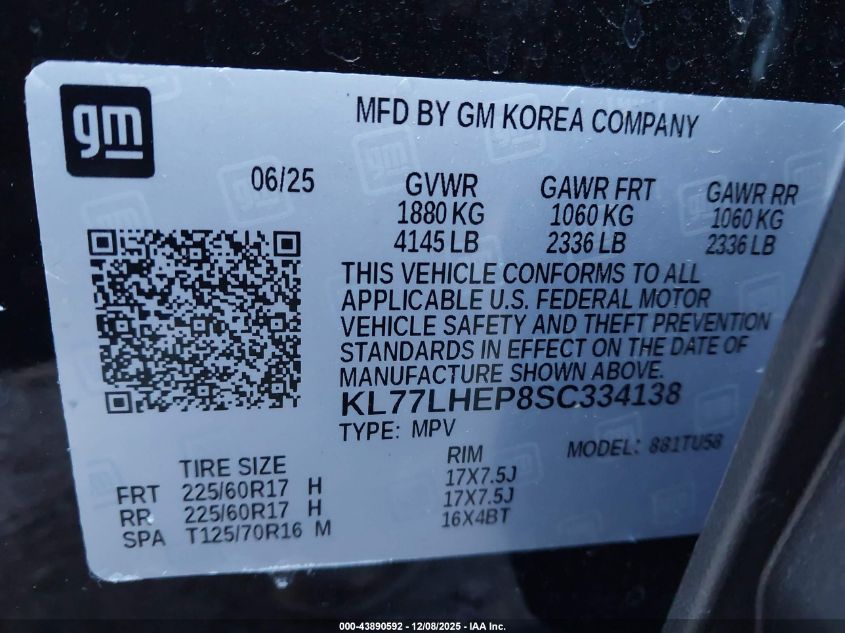 2025 Chevrolet Trax Fwd Lt VIN: KL77LHEP8SC334138 Lot: 43890592