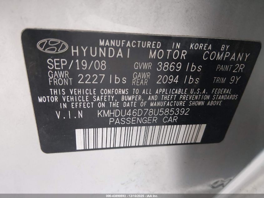 2008 Hyundai Elantra Gls/Se VIN: KMHDU46D78U585392 Lot: 43890593