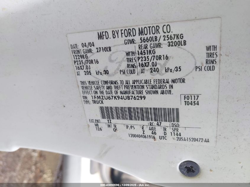 2004 Ford Explorer Sport Trac Adrenalin/Xls/Xlt VIN: 1FMZU67K94UB76299 Lot: 43890596