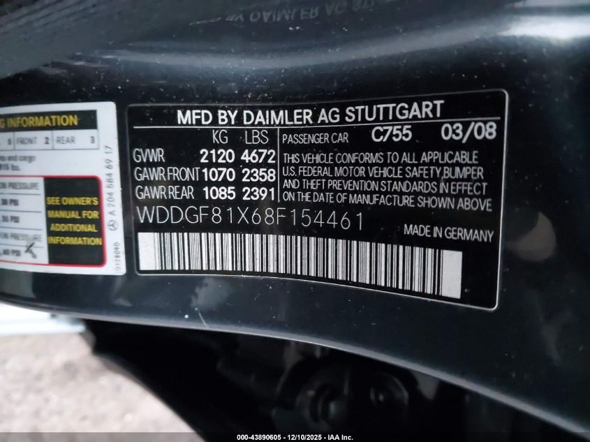 2008 Mercedes-Benz C 300 Luxury 4Matic/Sport 4Matic VIN: WDDGF81X68F154461 Lot: 43890605