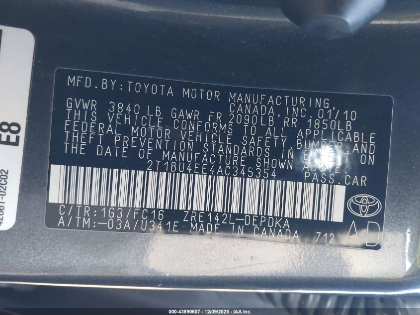 2010 Toyota Corolla Le VIN: 2T1BU4EE4AC345354 Lot: 43890607