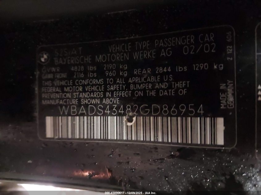 2002 BMW 525Ita VIN: WBADS43482GD86954 Lot: 43890617