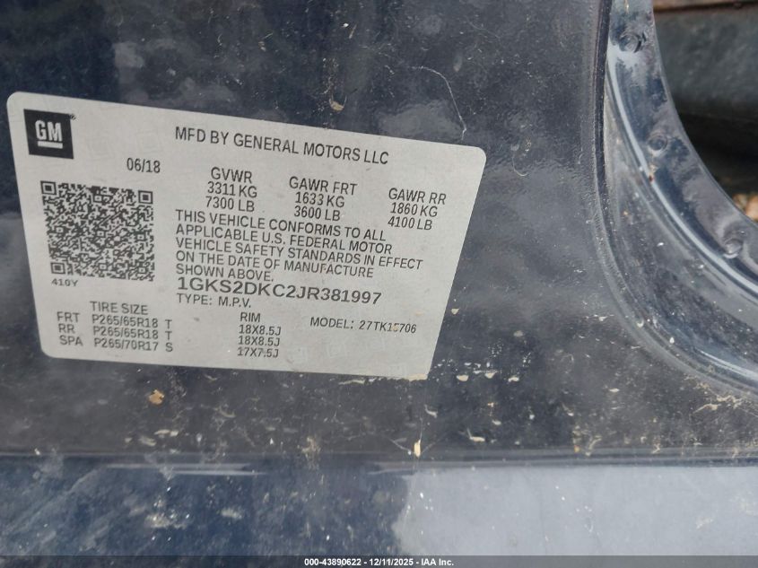 2018 GMC Yukon Slt Standard Edition VIN: 1GKS2DKC2JR381997 Lot: 43890622