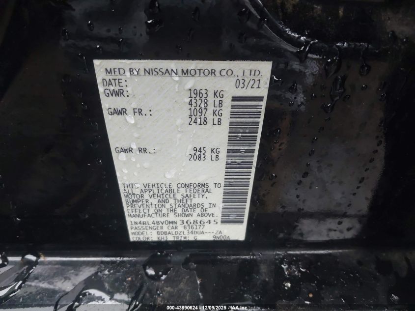 2021 Nissan Altima S Fwd VIN: 1N4BL4BV0MN368645 Lot: 43890624