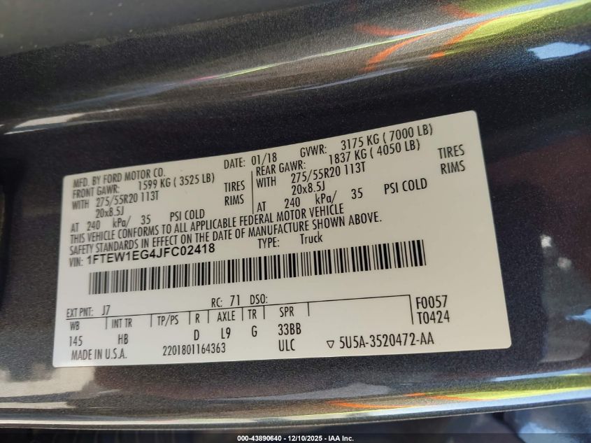 2018 Ford F-150 Lariat VIN: 1FTEW1EG4JFC02418 Lot: 43890640