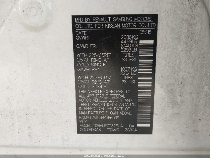 2015 Nissan Rogue S VIN: KNMAT2MT5FP566599 Lot: 43890651