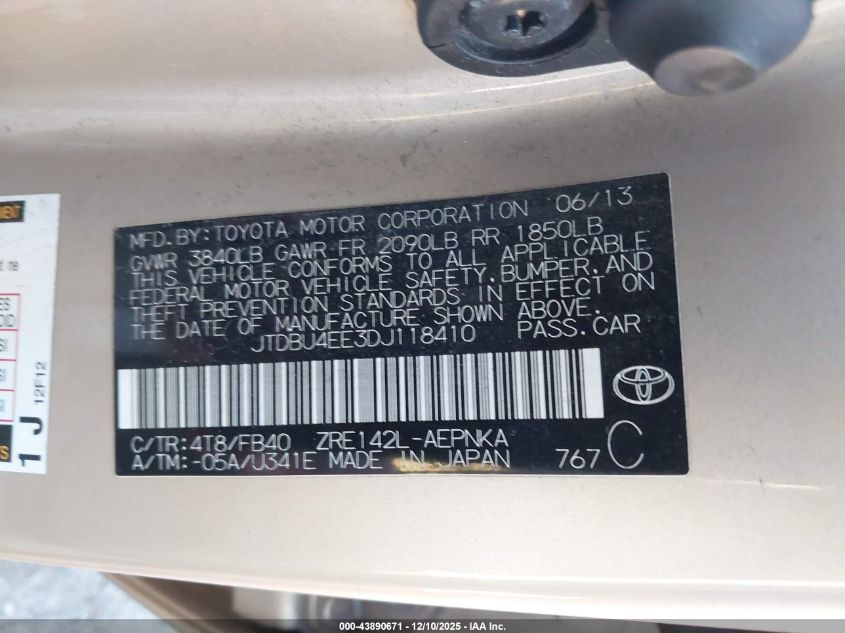 2013 Toyota Corolla Le VIN: JTDBU4EE3DJ118410 Lot: 43890671