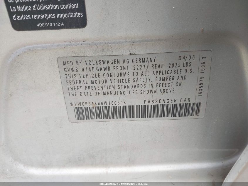 2006 Volkswagen Rabbit 4-Door VIN: WVWCR91K66W180808 Lot: 43890673