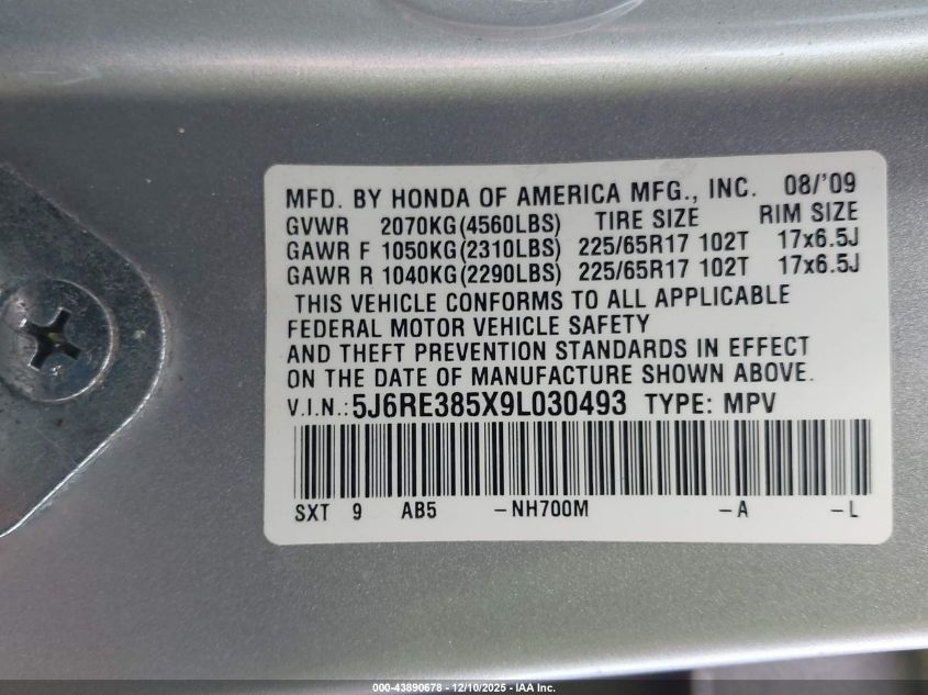 2009 Honda Cr-V Ex VIN: 5J6RE385X9L030493 Lot: 43890678