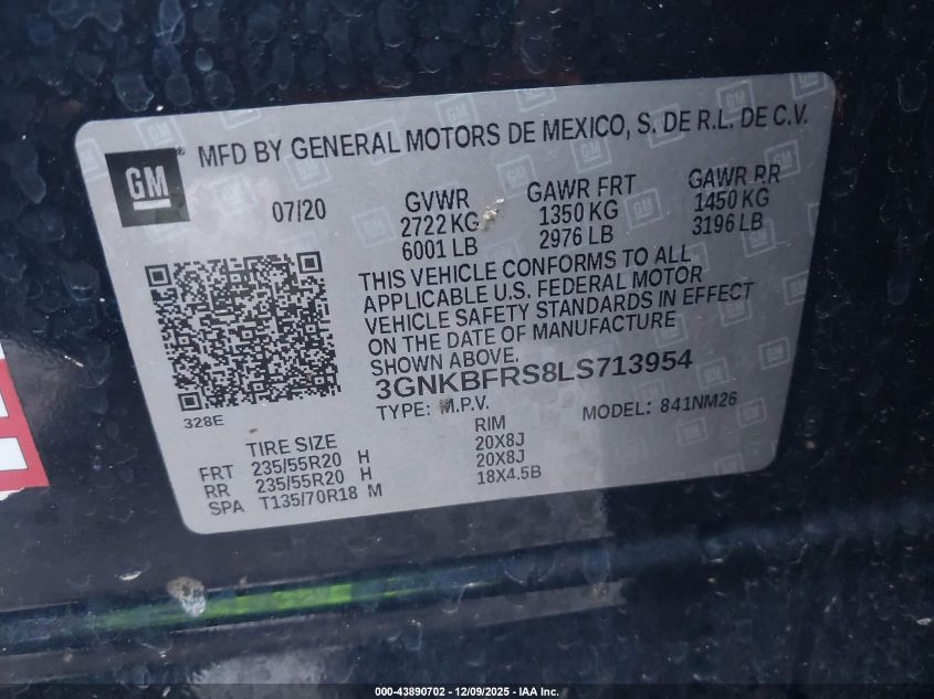 2020 Chevrolet Blazer Fwd Premier VIN: 3GNKBFRS8LS713954 Lot: 43890702