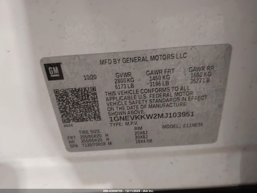 2021 Chevrolet Traverse Awd Premier VIN: 1GNEVKKW2MJ103951 Lot: 43890705