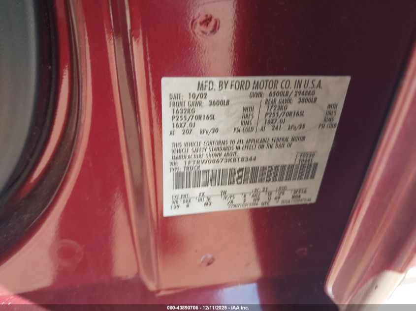 2003 Ford F-150 Lariat/Xlt VIN: 1FTRW08673KB18344 Lot: 43890706