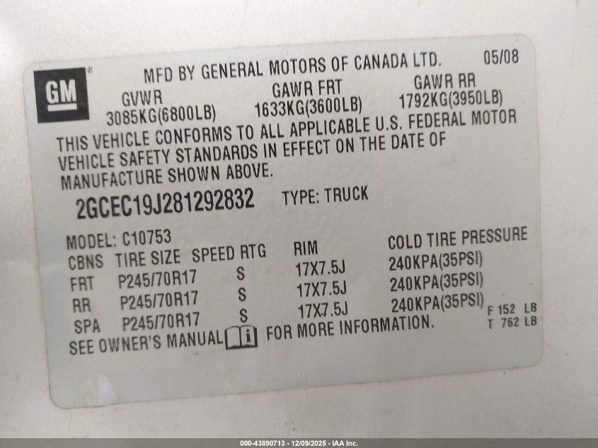 2008 Chevrolet Silverado 1500 Lt1 VIN: 2GCEC19J281292832 Lot: 43890713