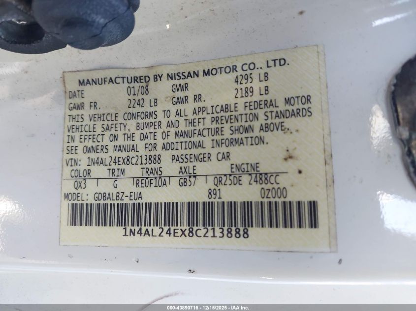 2008 Nissan Altima 2.5 S VIN: 1N4AL24EX8C213888 Lot: 43890716