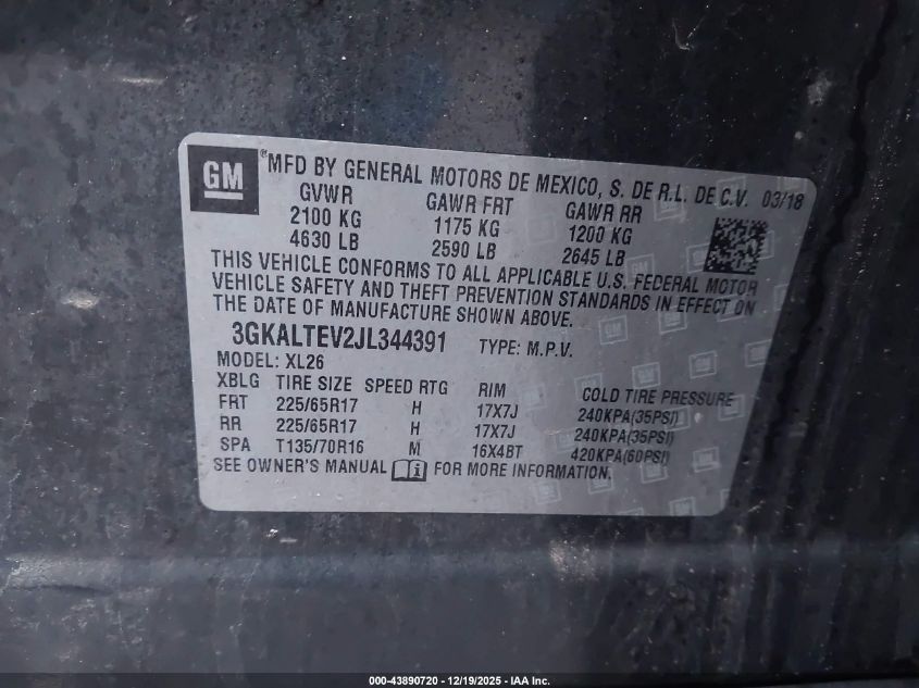 2018 GMC Terrain Sle VIN: 3GKALTEV2JL344391 Lot: 43890720