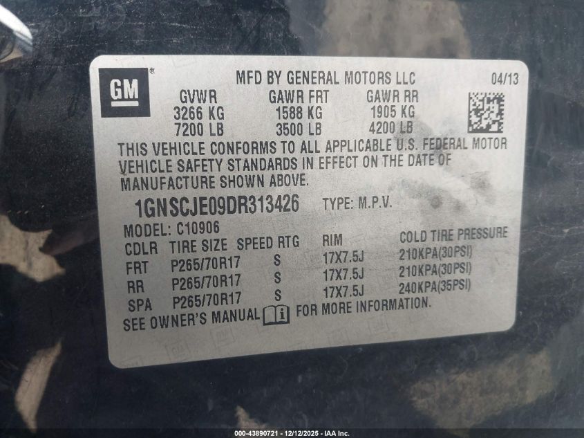 2013 Chevrolet Suburban 1500 Lt VIN: 1GNSCJE09DR313426 Lot: 43890721