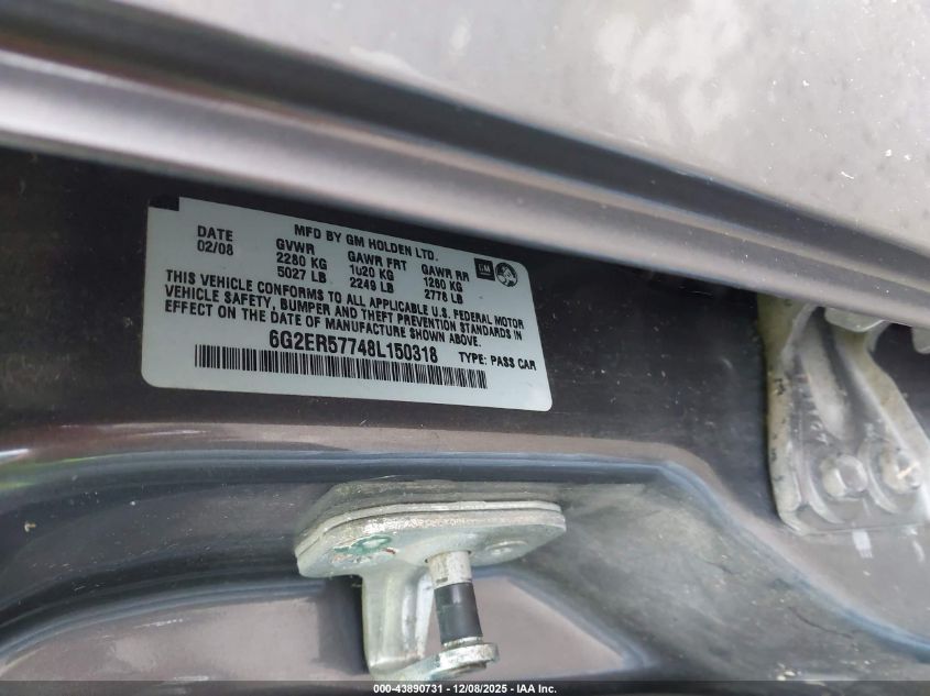 2008 Pontiac G8 VIN: 6G2ER57748L150318 Lot: 43890731