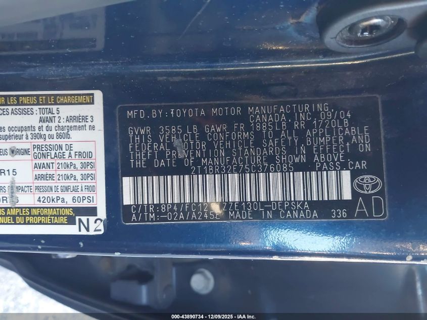 2005 Toyota Corolla S VIN: 2T1BR32E75C376085 Lot: 43890734