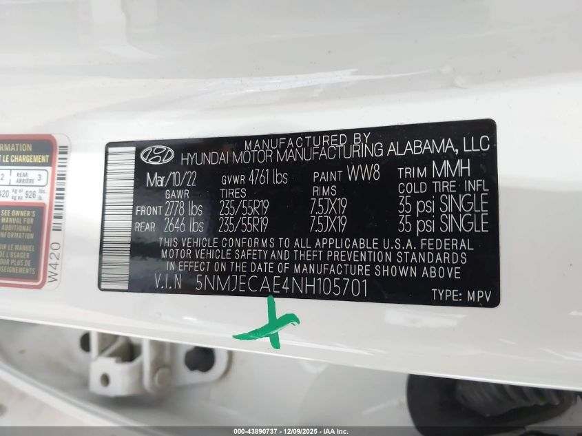 2022 Hyundai Tucson Limited VIN: 5NMJECAE4NH105701 Lot: 43890737