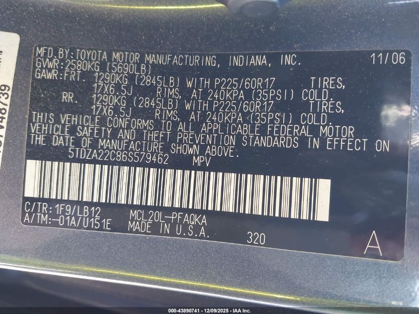 2006 Toyota Sienna Xle Limited VIN: 5TDZA22C86S579462 Lot: 43890741