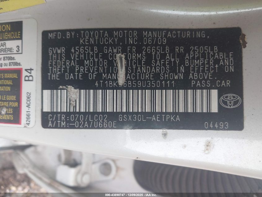 2009 Toyota Avalon Limited VIN: 4T1BK36B59U350111 Lot: 43890747