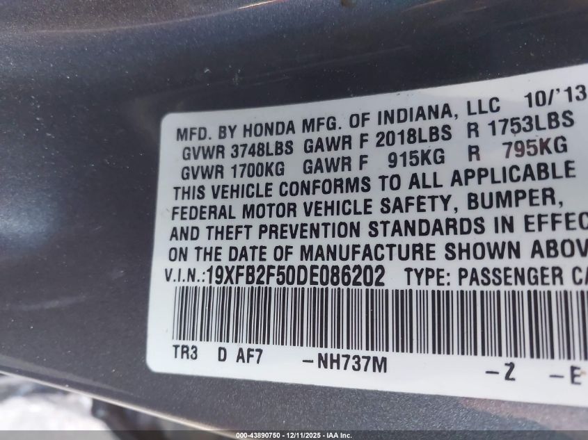 2013 Honda Civic Lx VIN: 19XFB2F50DE086202 Lot: 43890750