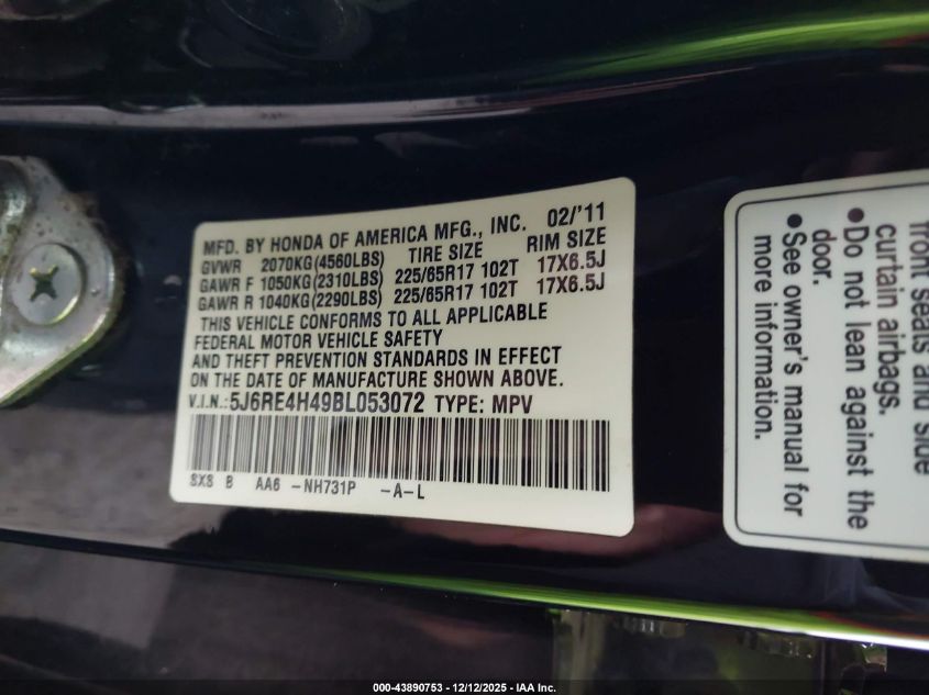 2011 Honda Cr-V Se VIN: 5J6RE4H49BL053072 Lot: 43890753