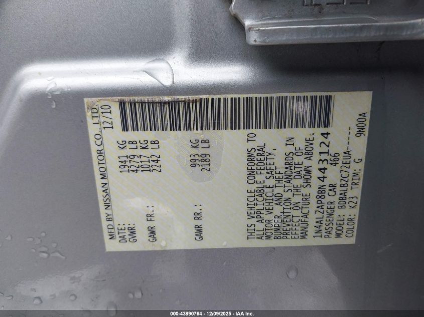 2011 Nissan Altima 2.5 S VIN: 1N4AL2AP8BN443124 Lot: 43890764