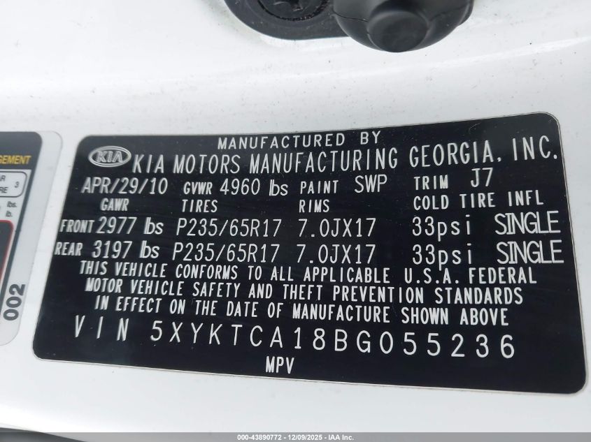 2011 Kia Sorento Lx VIN: 5XYKTCA18BG055236 Lot: 43890772