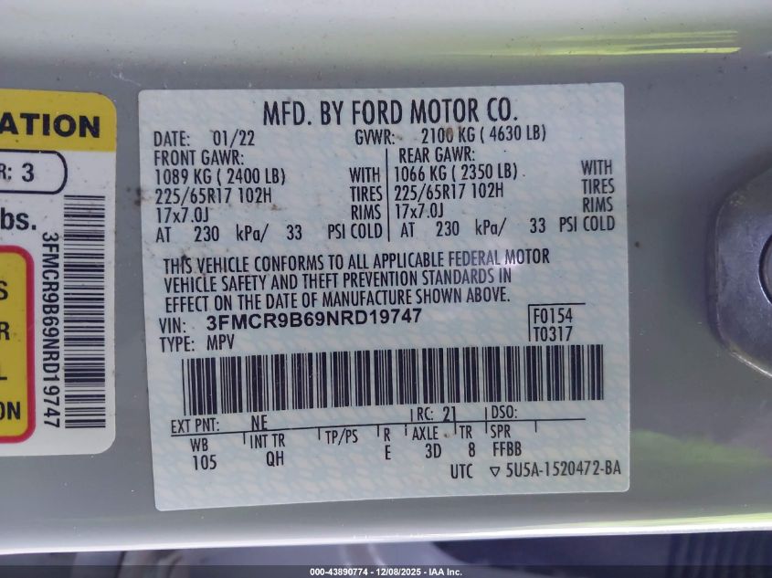 2022 Ford Bronco Sport Big Bend VIN: 3FMCR9B69NRD19747 Lot: 43890774