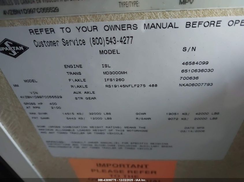 2007 Spartan Motors Motorhome 4Vz VIN: 4VZBN1D997C055529 Lot: 43890775
