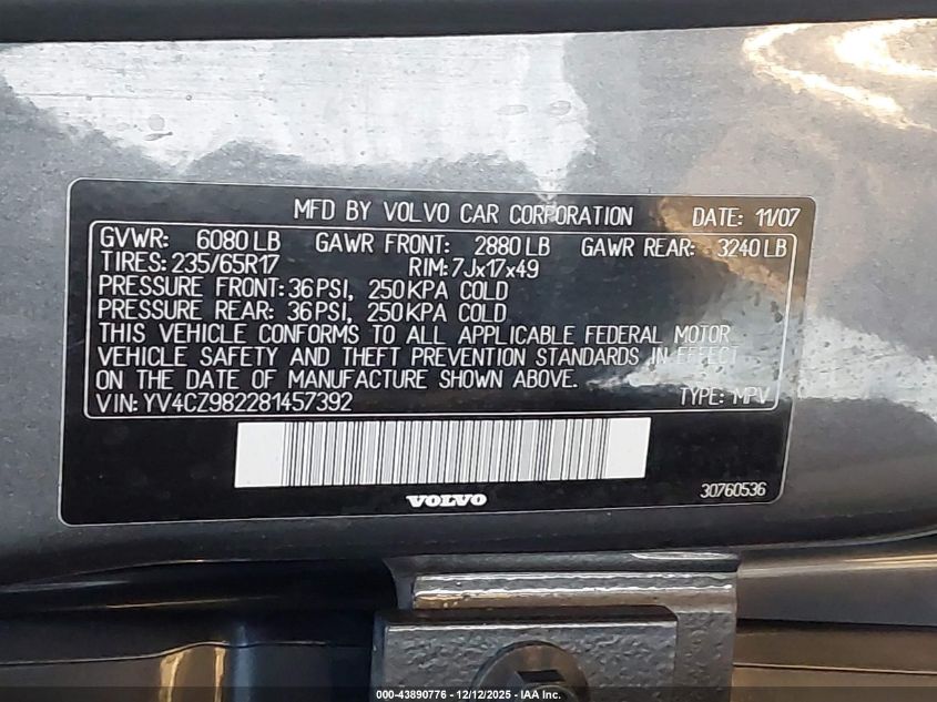 2008 Volvo Xc90 3.2 VIN: YV4CZ982281457392 Lot: 43890776