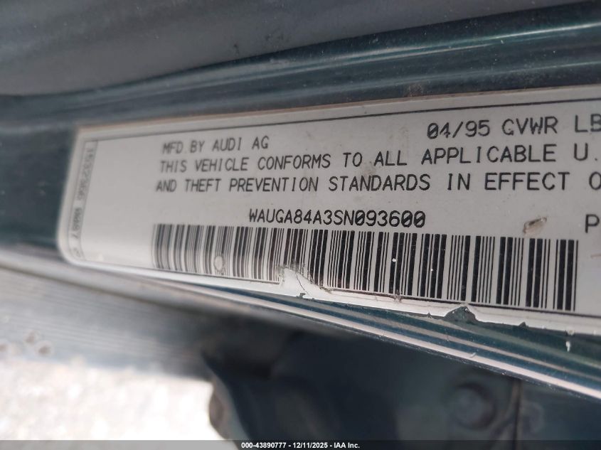 1995 Audi A6 2.8 Quattro VIN: WAUGA84A3SN093600 Lot: 43890777