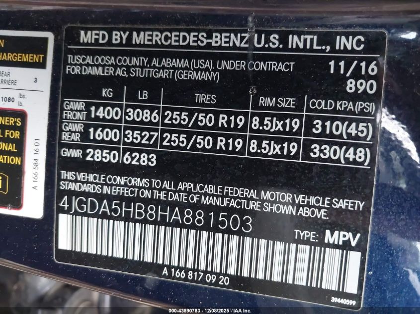 2017 Mercedes-Benz Gle 350 4Matic VIN: 4JGDA5HB8HA881503 Lot: 43890783